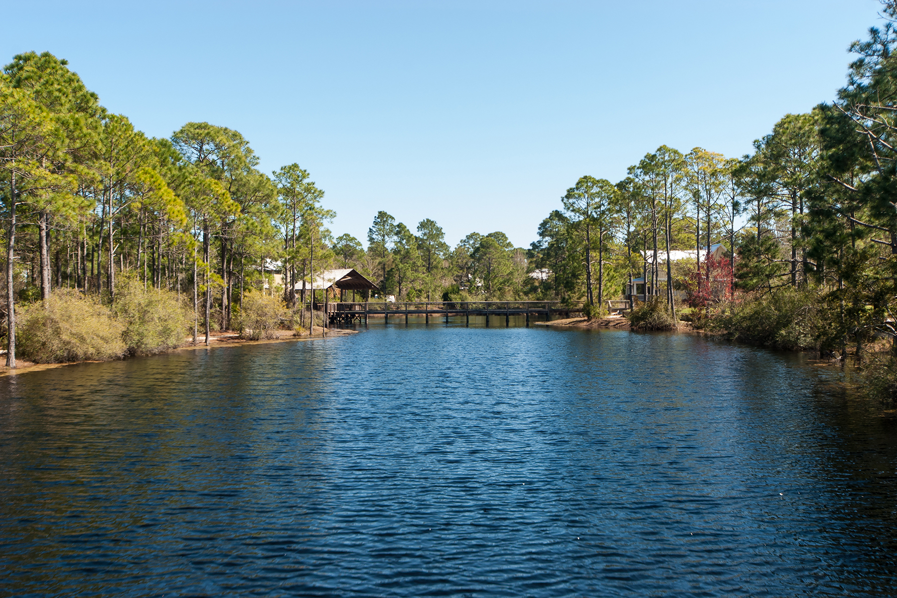 A view across the lake in the Forest Lakes community on a peaceful still day